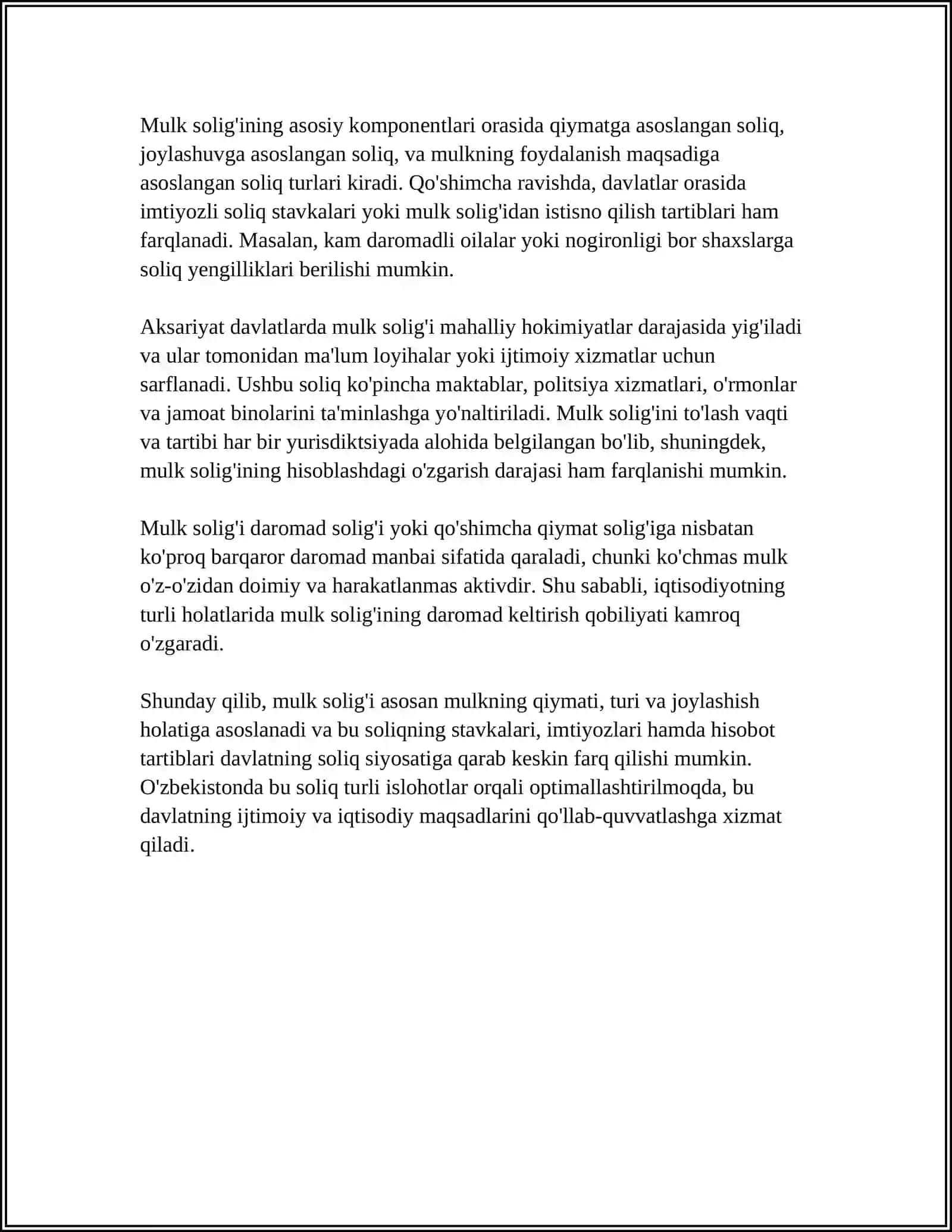 O'ZBRKISTON RESPUBLIKASI SOLIQ TIZIMIGA MOL-MULK SOLIG'INING JORIY ETILISHI VA UNING IQTISODIY MOHIYATI 4
