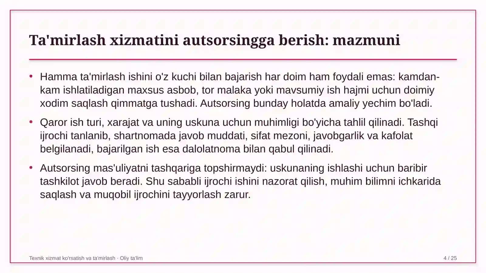 boshqaruv servis kompaniyalarida ta'mirlash xizmatini autsorsingga berish 7230 4