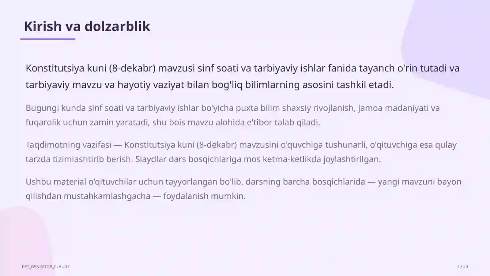 Konstitutsiya kuni (8-dekabr) mavzusi uchun dars rejasi 4