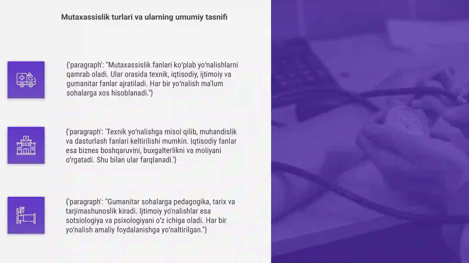 Mutaxasislik fanlarining umumiy tasnifi va ularning tasnifini amaliy misollar orqali korsatish 4