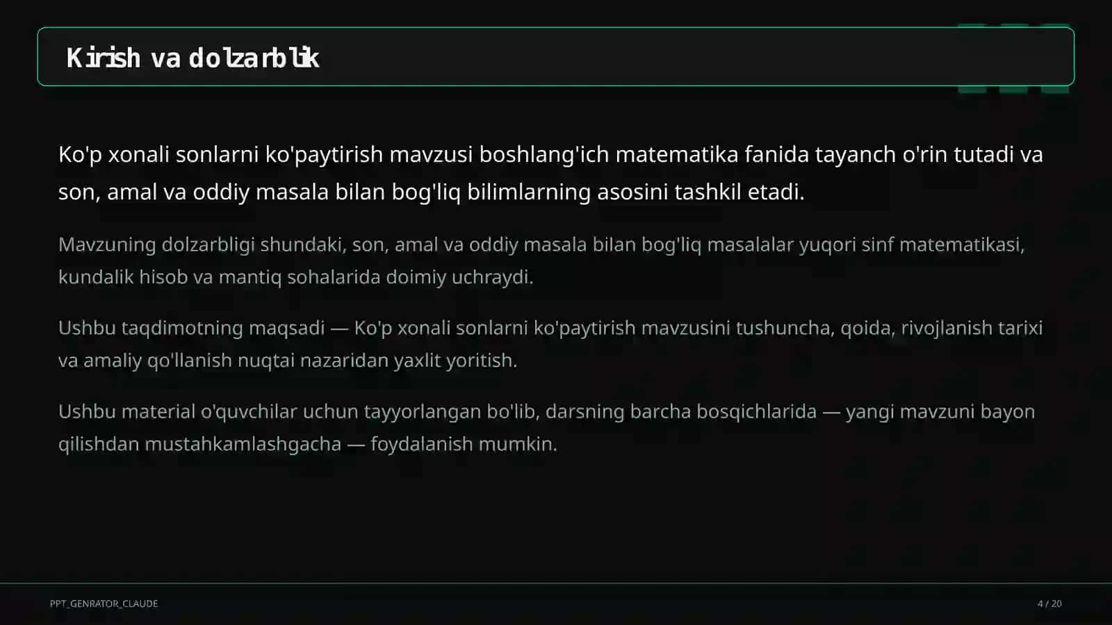 Ko'p xonali sonlarni ko'paytirish (4-sinf) 4