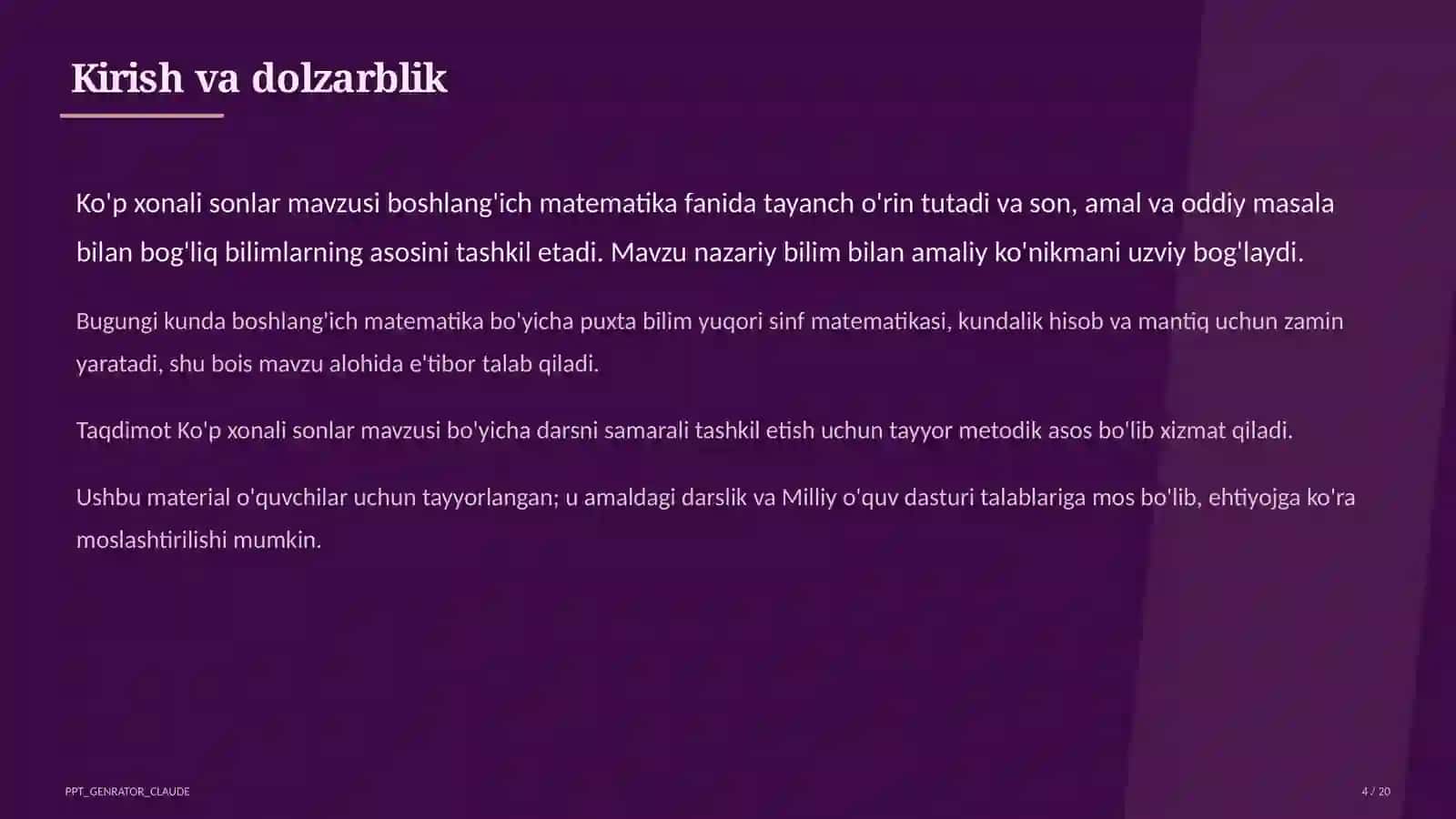 Ko'p xonali sonlar (4-sinf) Boshlang'ich sinf: Matematika (1– 4) — o'quvchilar uchun 4