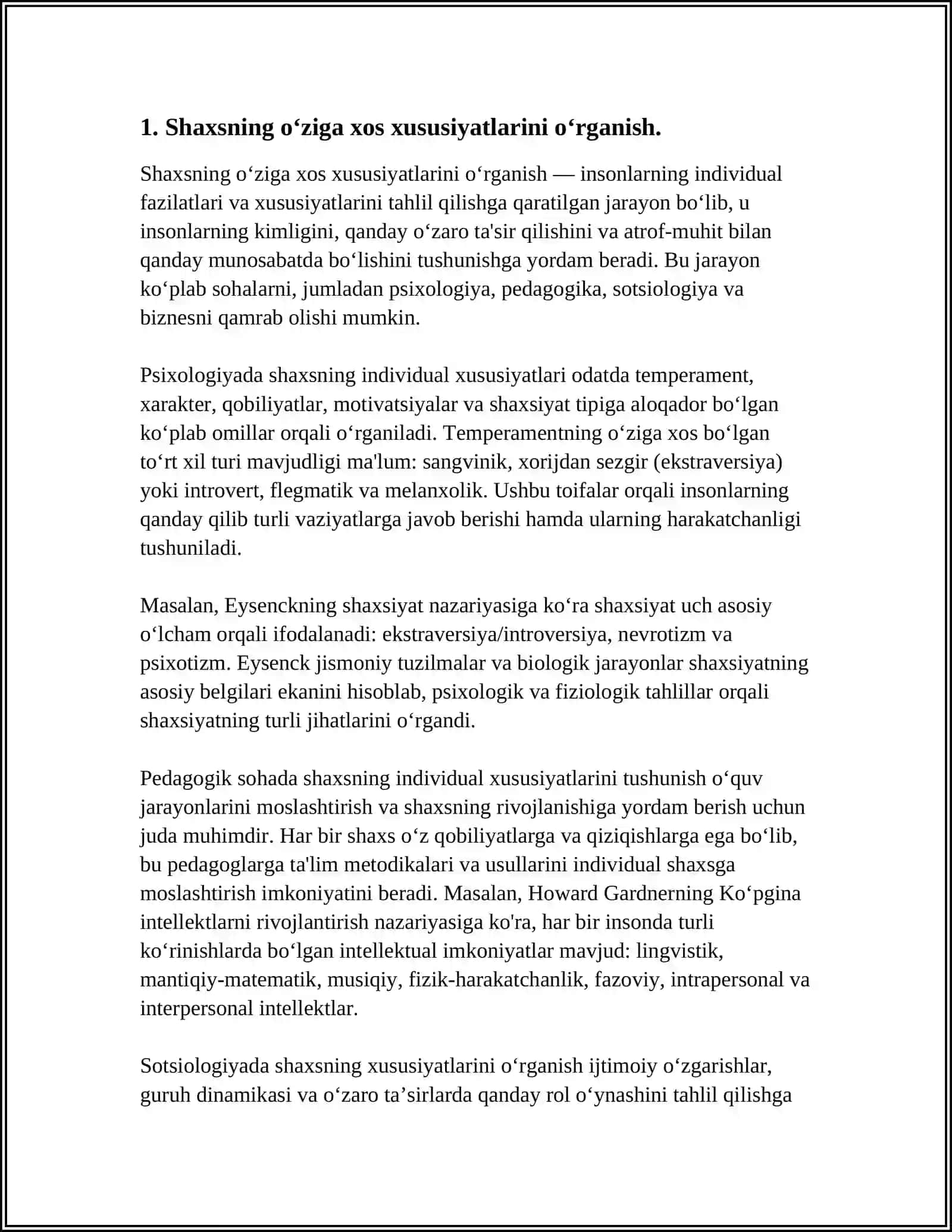 SHAXSNI O‘RGANISH SO‘ROVNOMALARI. 2.G.AYZENKNING “EKSTROVERSIYA-INTROVERSIYA VA NEYROTIZMNI ANIQLASH” SO‘ROVNOMASIGA EKVALENT VARIANT TAYYORLASH 4