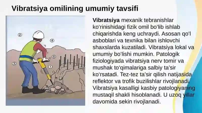 Ishlab chiqarishning fizik omillari ta’siridan rivojlanadigan kasb kasalliklari. Vibratsiya kasalligi. Kasbiy karlikning diagnostik kriteriylari 4