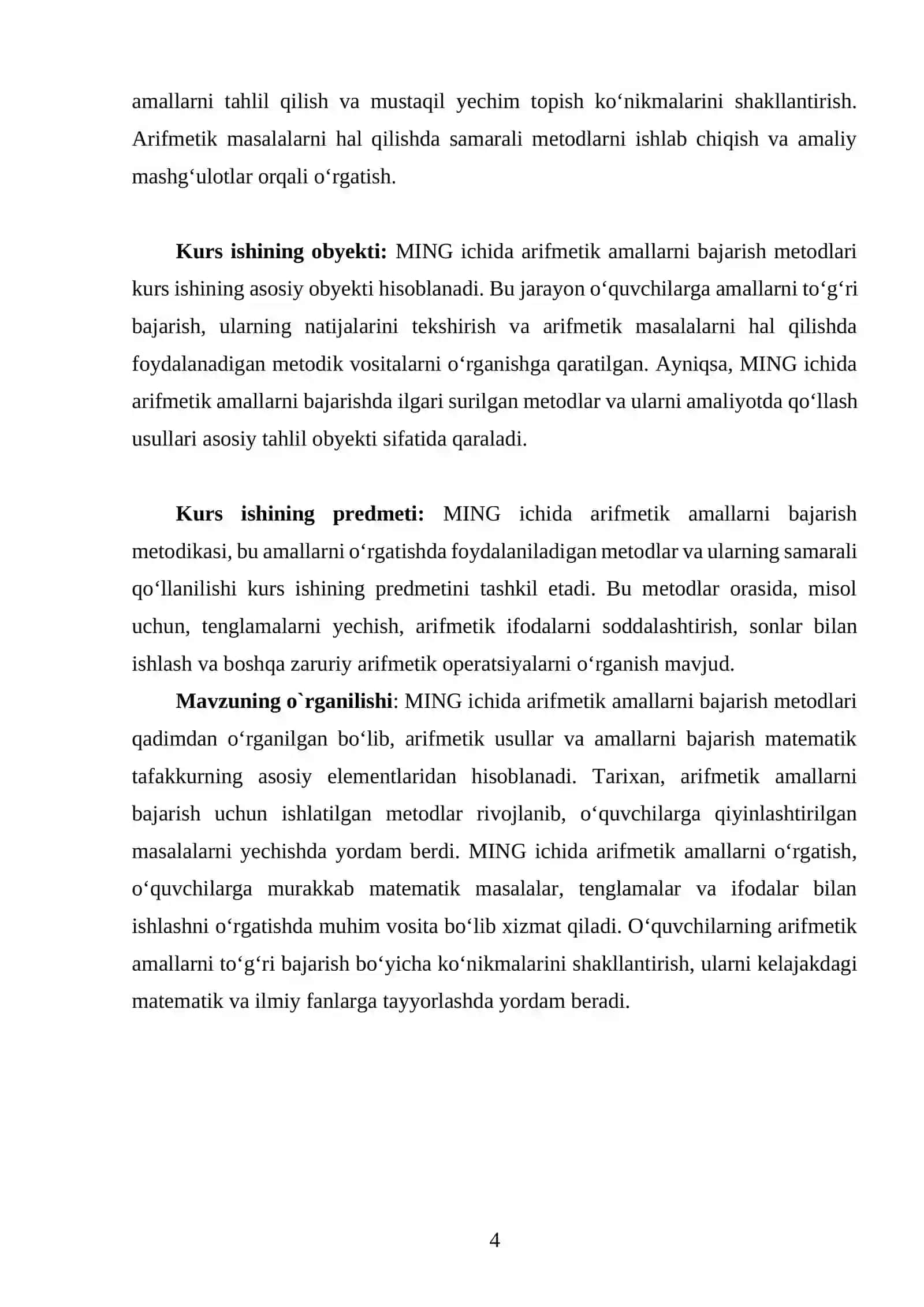 Ming ichida arifmetik amallar bajarish metodlardan foydalanish kurs ishi 4