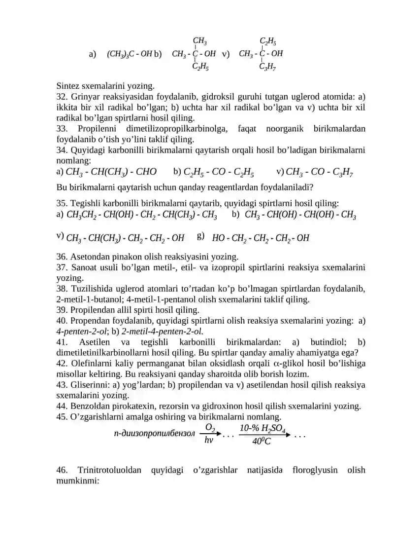 BIR VA KO’P ATOMLI SPIRTLAR, FENOLLAR MAVZUSIGA DOIR AMALIY MASHG’ULOT 4