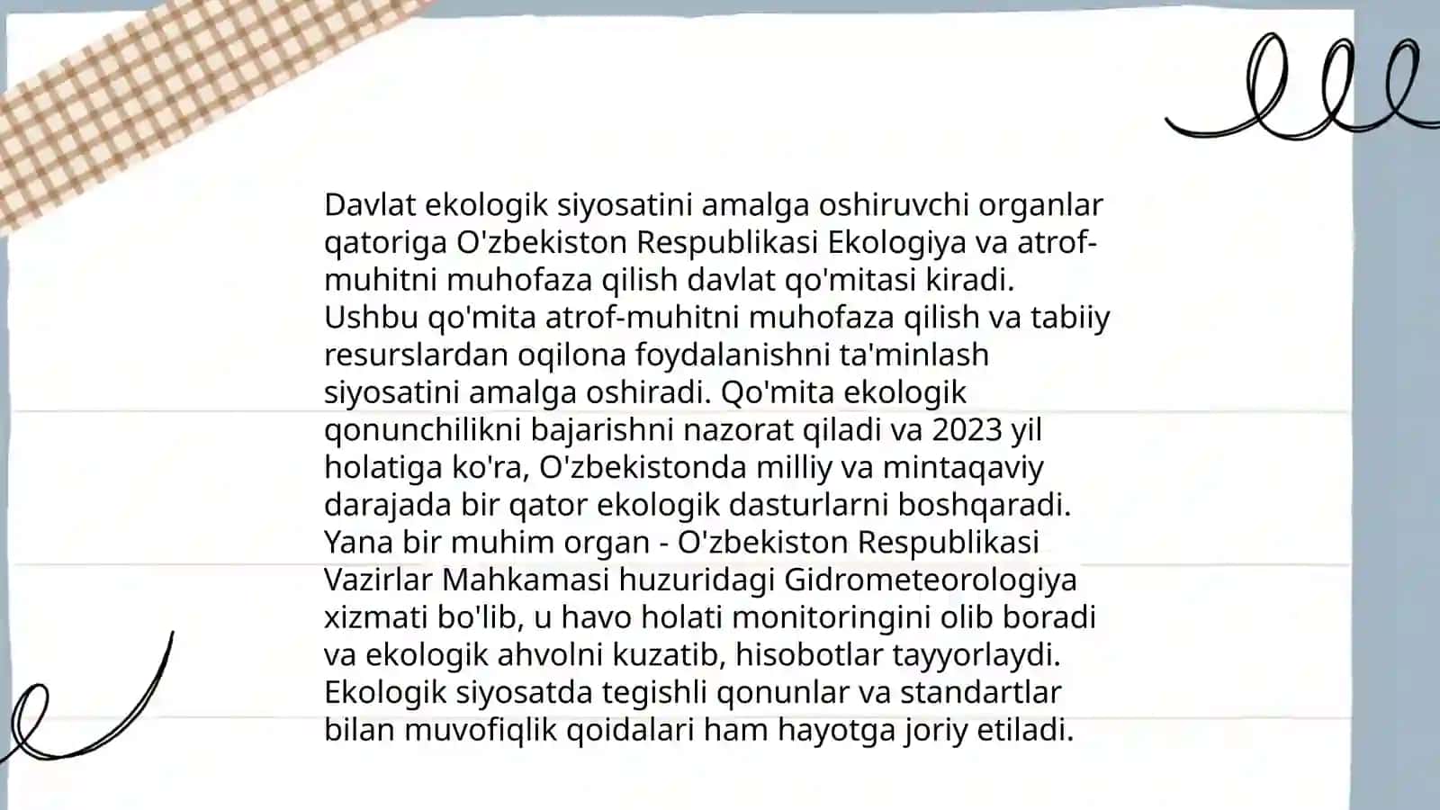 Oʻzbekistondagi ekologik siyosat tuzilmasi nimalardan iborat 4