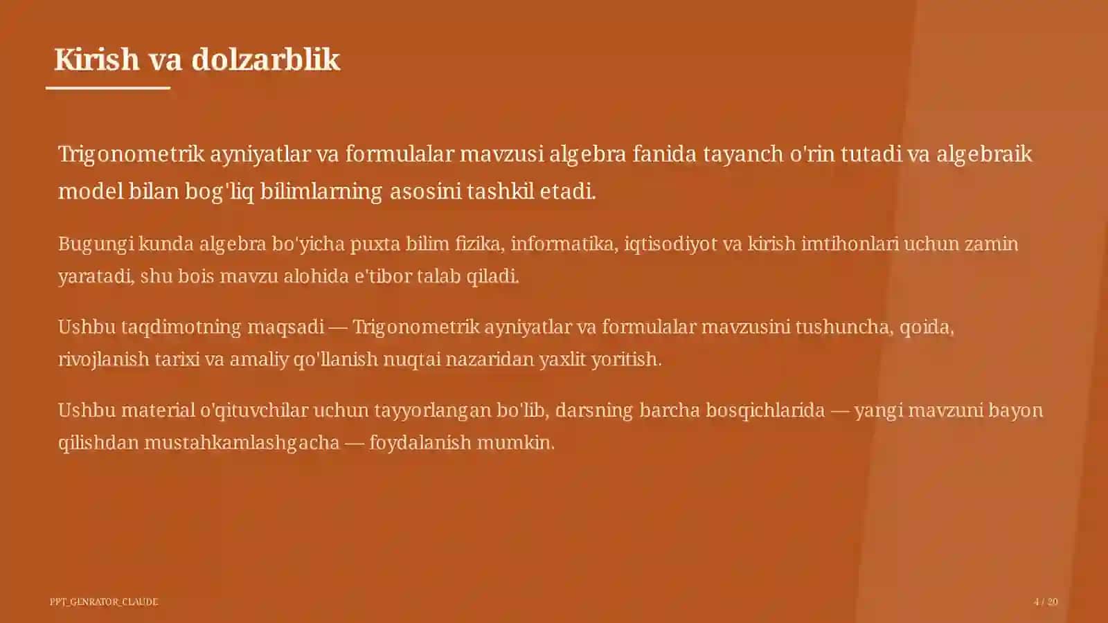 Trigonometrik ayniyatlar va formulalar (10-sinf) 4