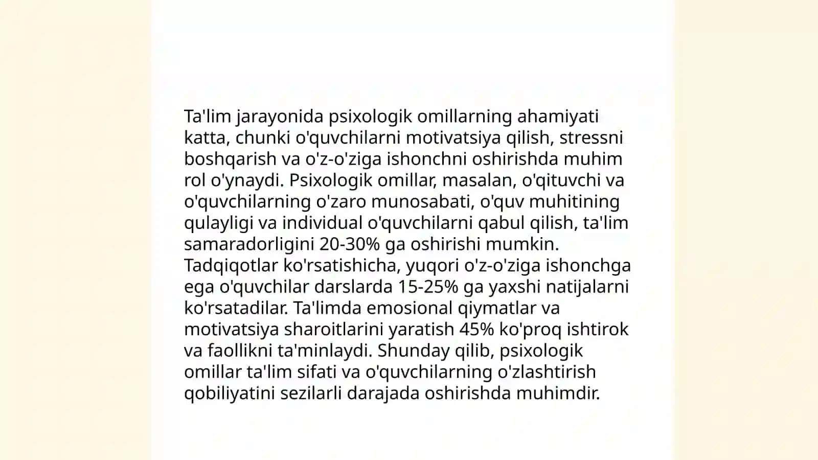 Ta'lim texnalogiyalarining oziga xos pisixologik xususiyatlari. Ta'limning inson haotidagi o'rni 4