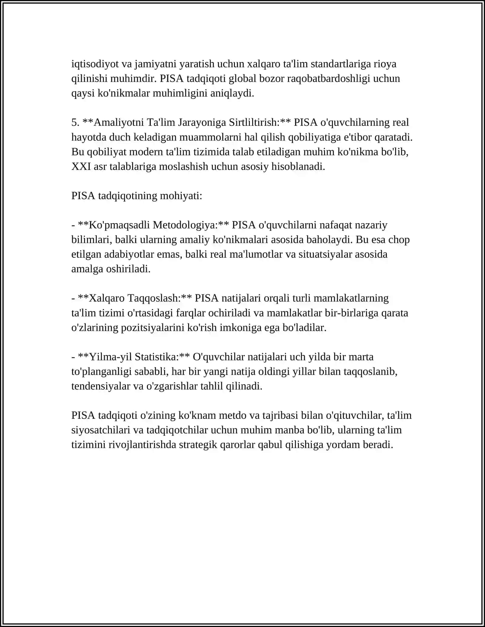 TABIIY FAN BO`YICHA PISA NATIJALARI ASOSIDA O‘QISH STRATEGIYALARI VA O‘QUVCHILARNING O‘ZLASHTIRISH DARAJASIGA TA'SIRINI TAHLIL QILISH 4