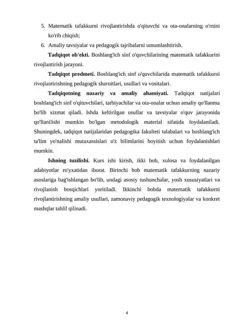 Boshlang'ich sinf o'quvchilarinig matematika tafakkurini rivojlantirish 4