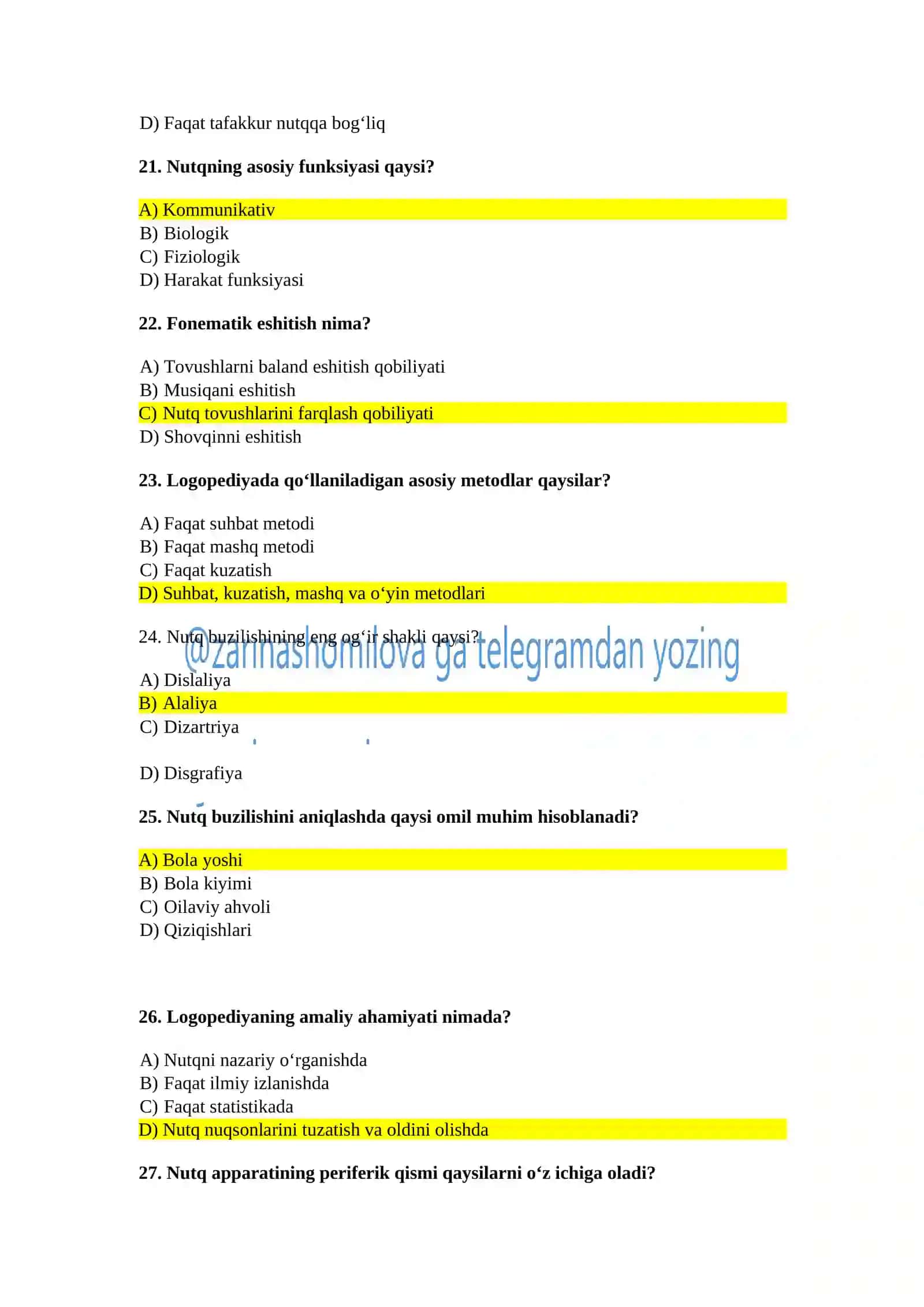 LOGOPEDIYA TEST KITOBI JAVOBLARI BILAN 2026-2027 O’QUV YILI 4