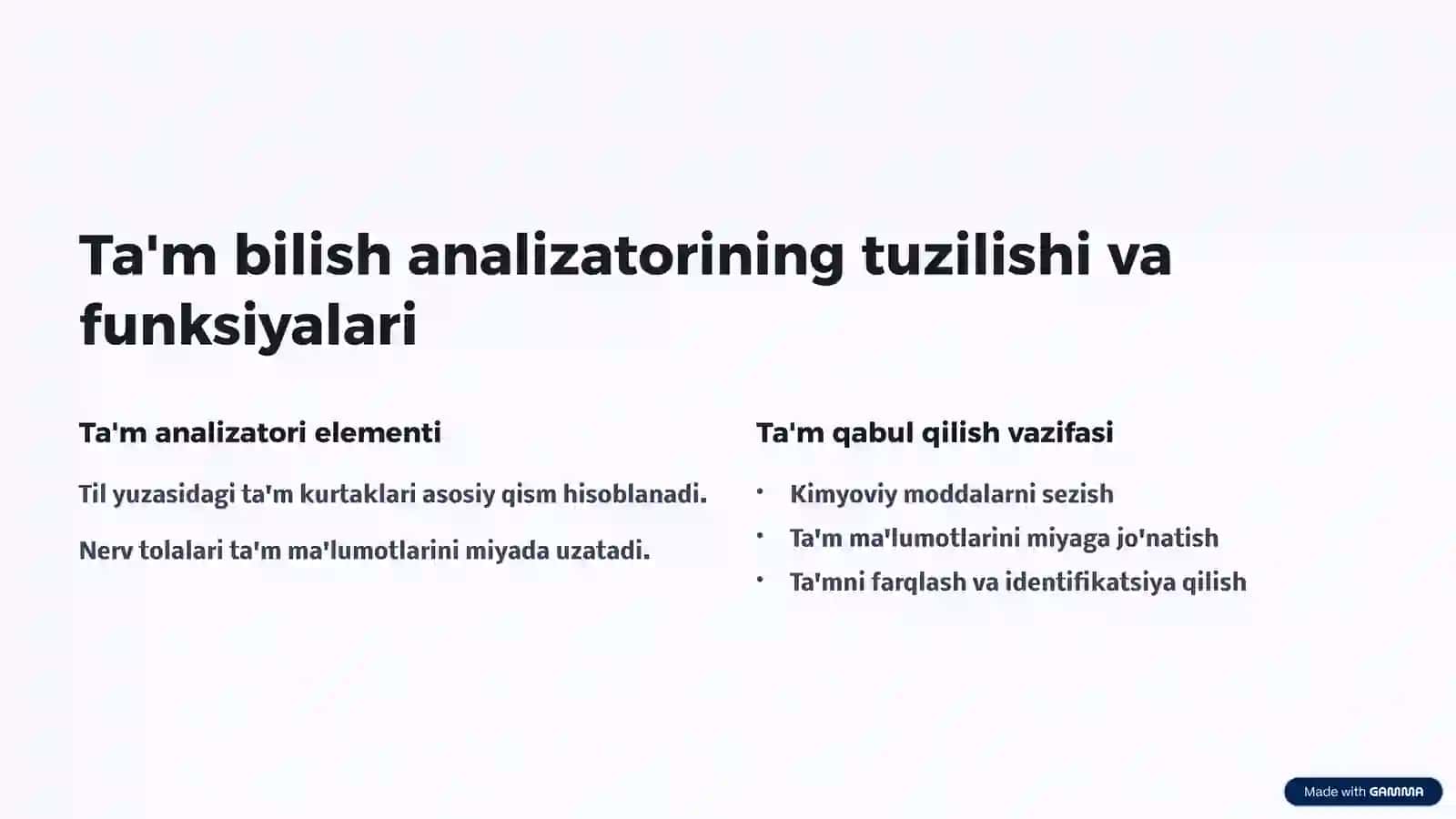 Hid va ta'm bilish analizatori fiziologiyasi 4