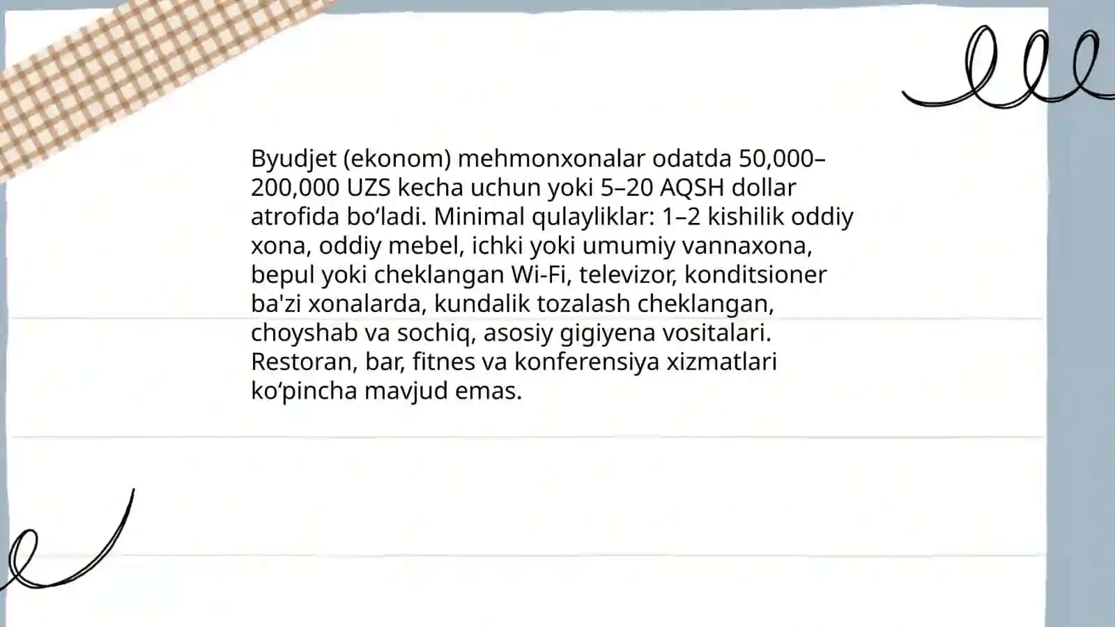 Mehmonxonalarni narx va qulaylik darajasi boʻyicha boʻlinishi 4