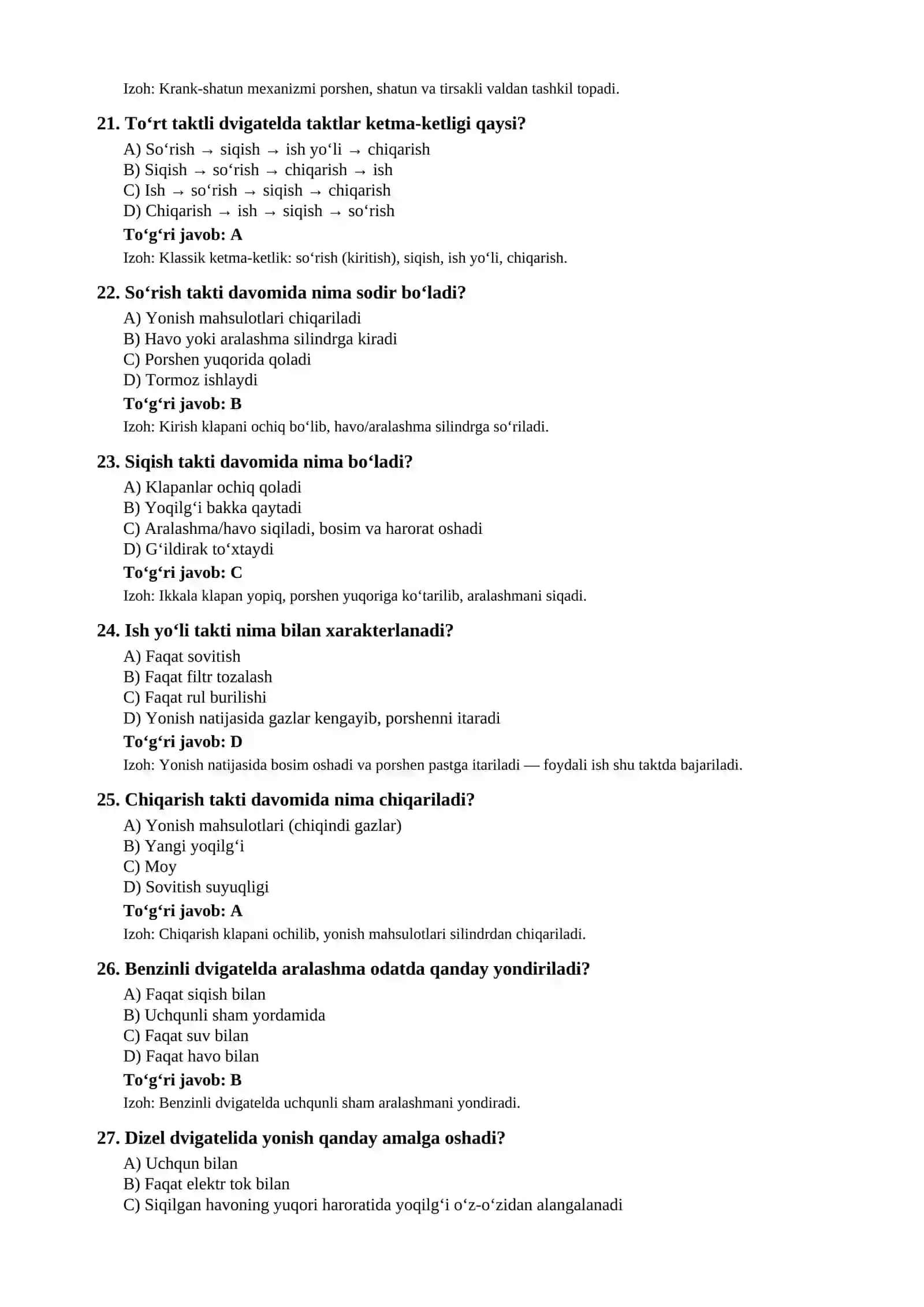 Avtomobil tuzilishi testlar (savollar va javoblar) 4