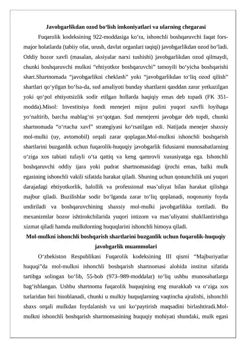 Mol-mulkni ishonchli boshqarish shartlarini buzganlik uchun fuqarolik- huquqiy javobgarlik muammolari 4