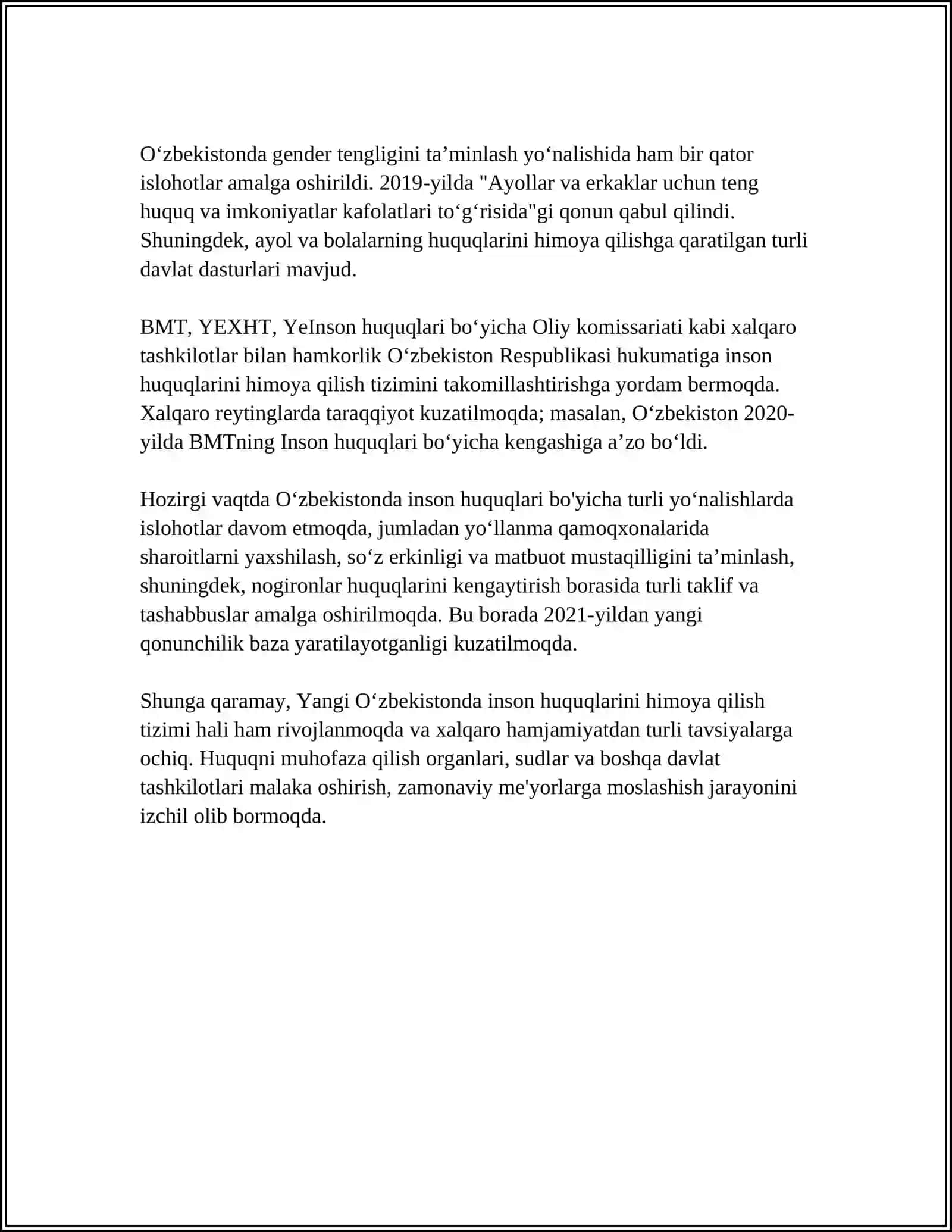 YANGI O'ZBEKISTONDA INSON HAQ - HUQUQLARI VA ERKINLIKLARI KAFOLATINING YARATILISHI 4