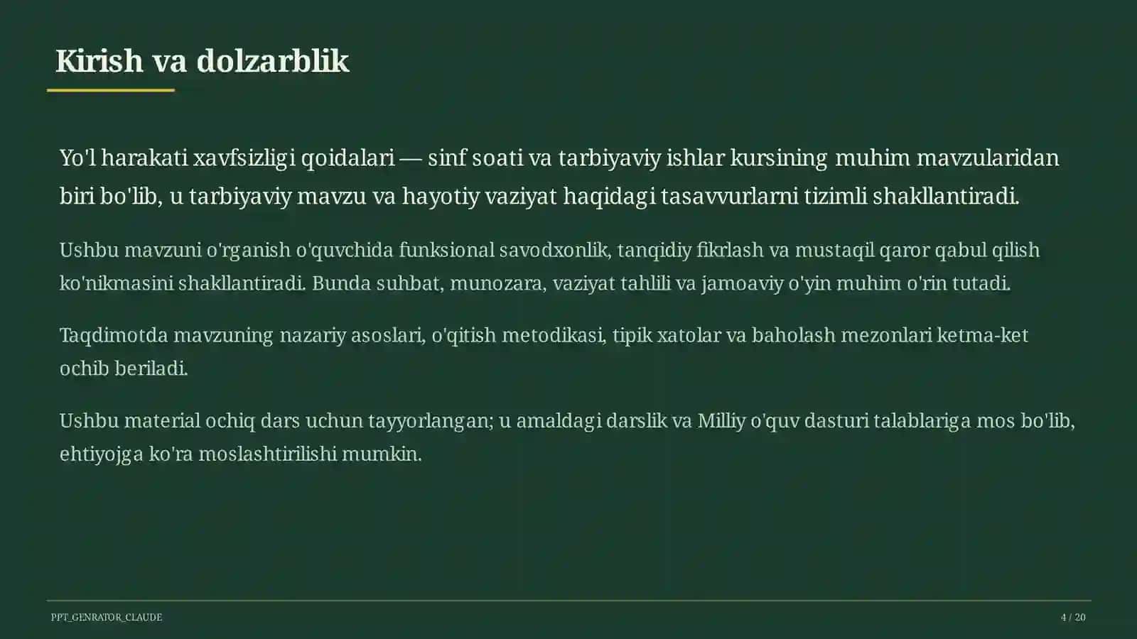 Sinf soati va tarbiyaviy tadbirlar (1–11) — ochiq dars uchun 4