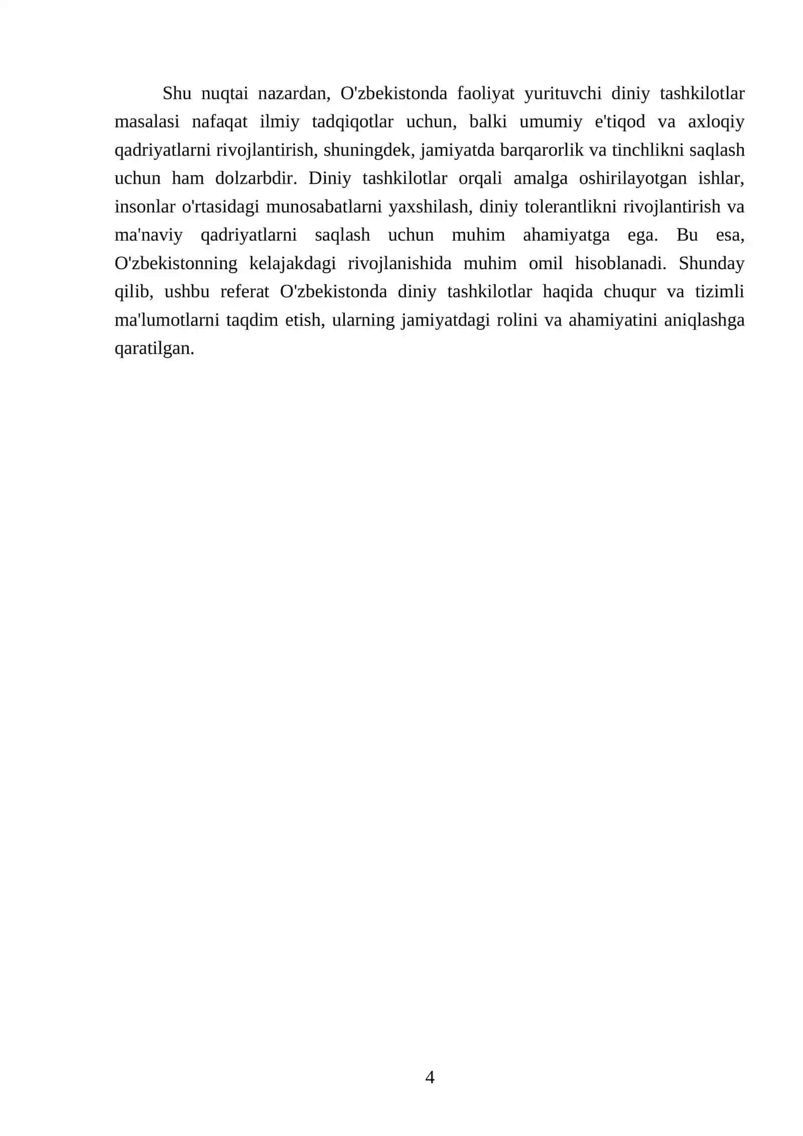 O'zbekistonda faoliyat yurituvchi diniy tashkilotlar haqida 10 varoqda bolsin 4