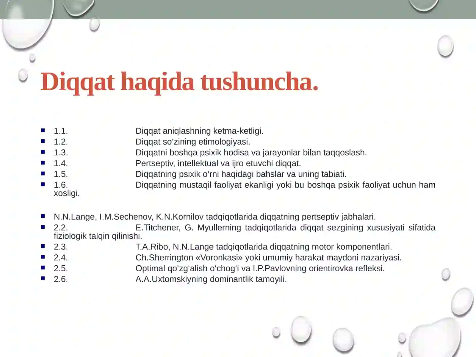Diqqat haqida tushuncha. Diqqatning psixofiziologik indikatorlari va mexanizmlari. Diqqatning funksiyalari, turlari, asosiy xususiyatlari. Diqqat tadqiqotlari, rivojlanishi, buzilishlari 4
