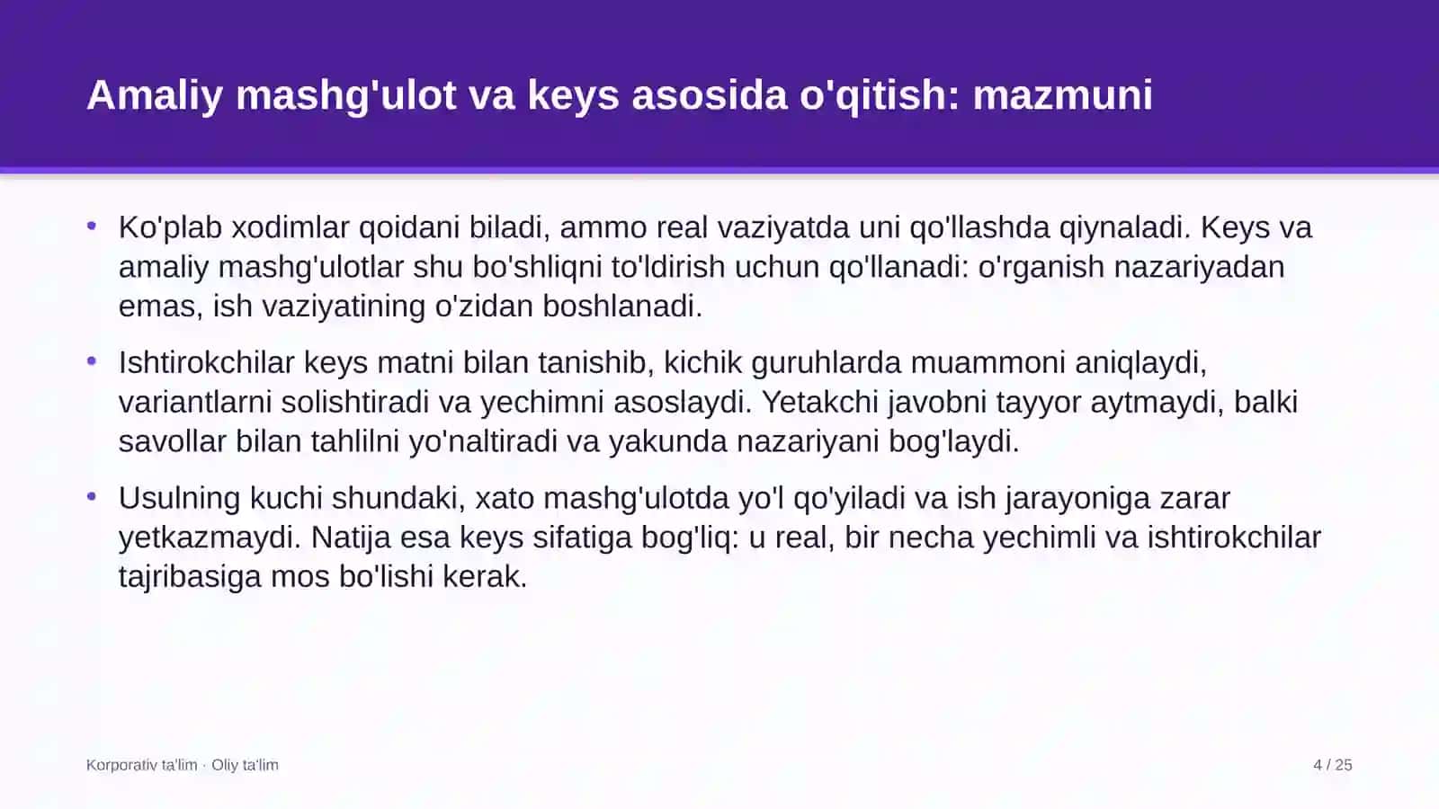 Davlat-xususiy sheriklik loyihalarida amaliy mashg'ulotlar va keyslar asosida o'qitish 4