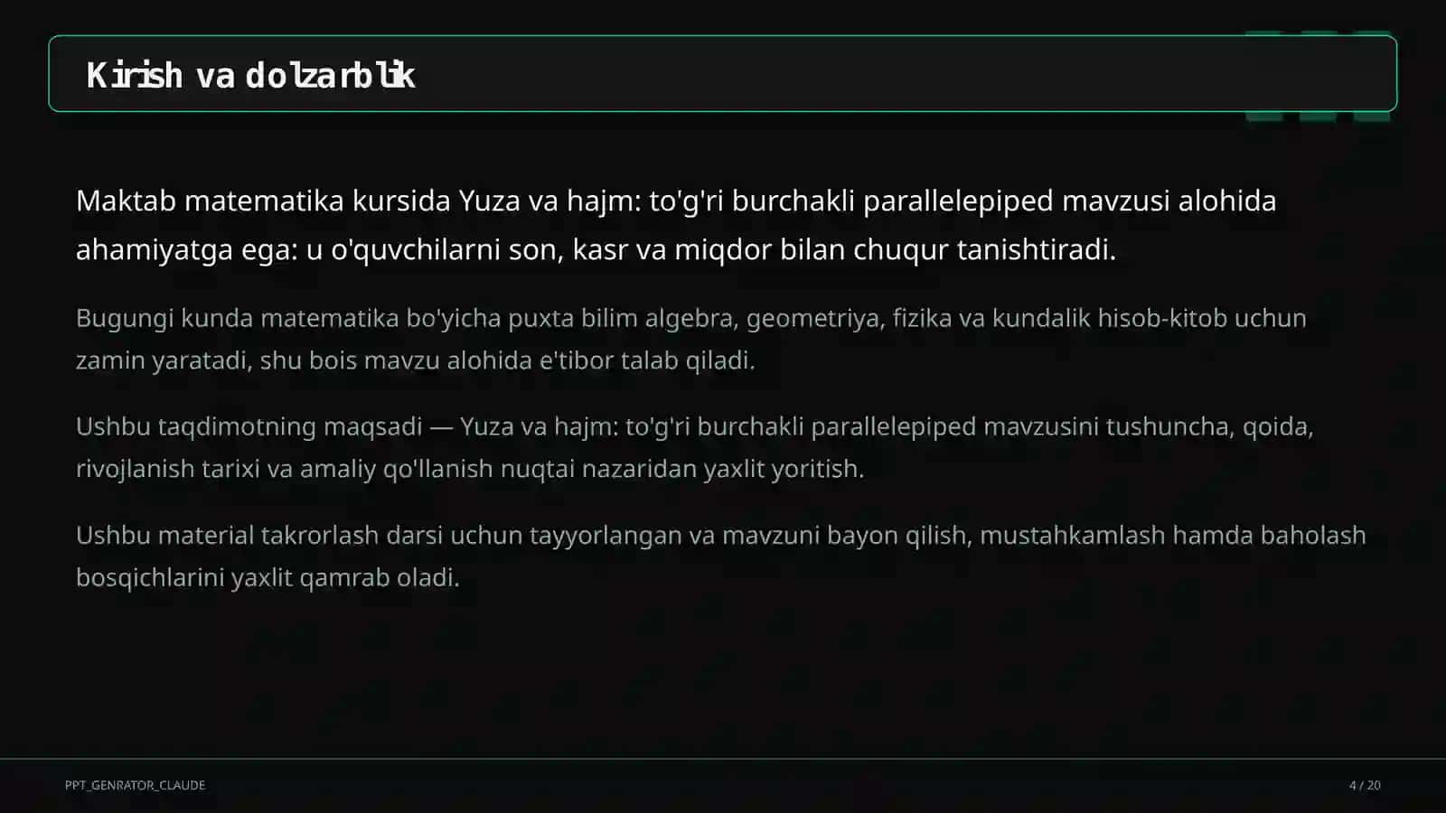 Yuza va hajm: to'g'ri burchakli parallelepiped (5-sinf) 4
