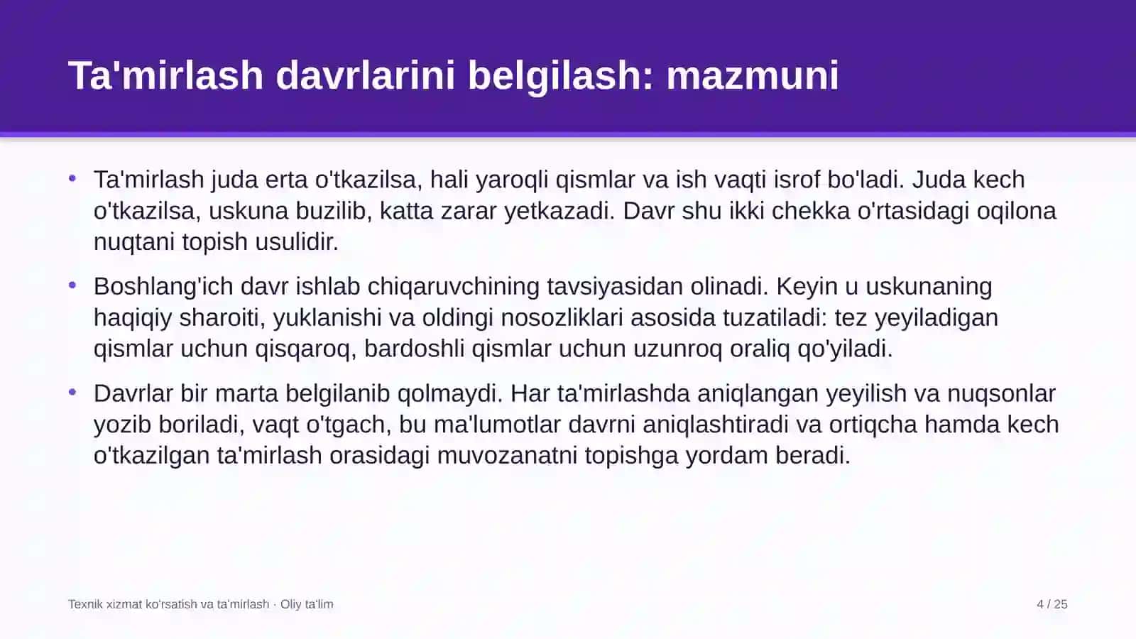 oziq ovqat do'konlarida uskunalarni ta'mirlash davrlarini belgilash 6685 4