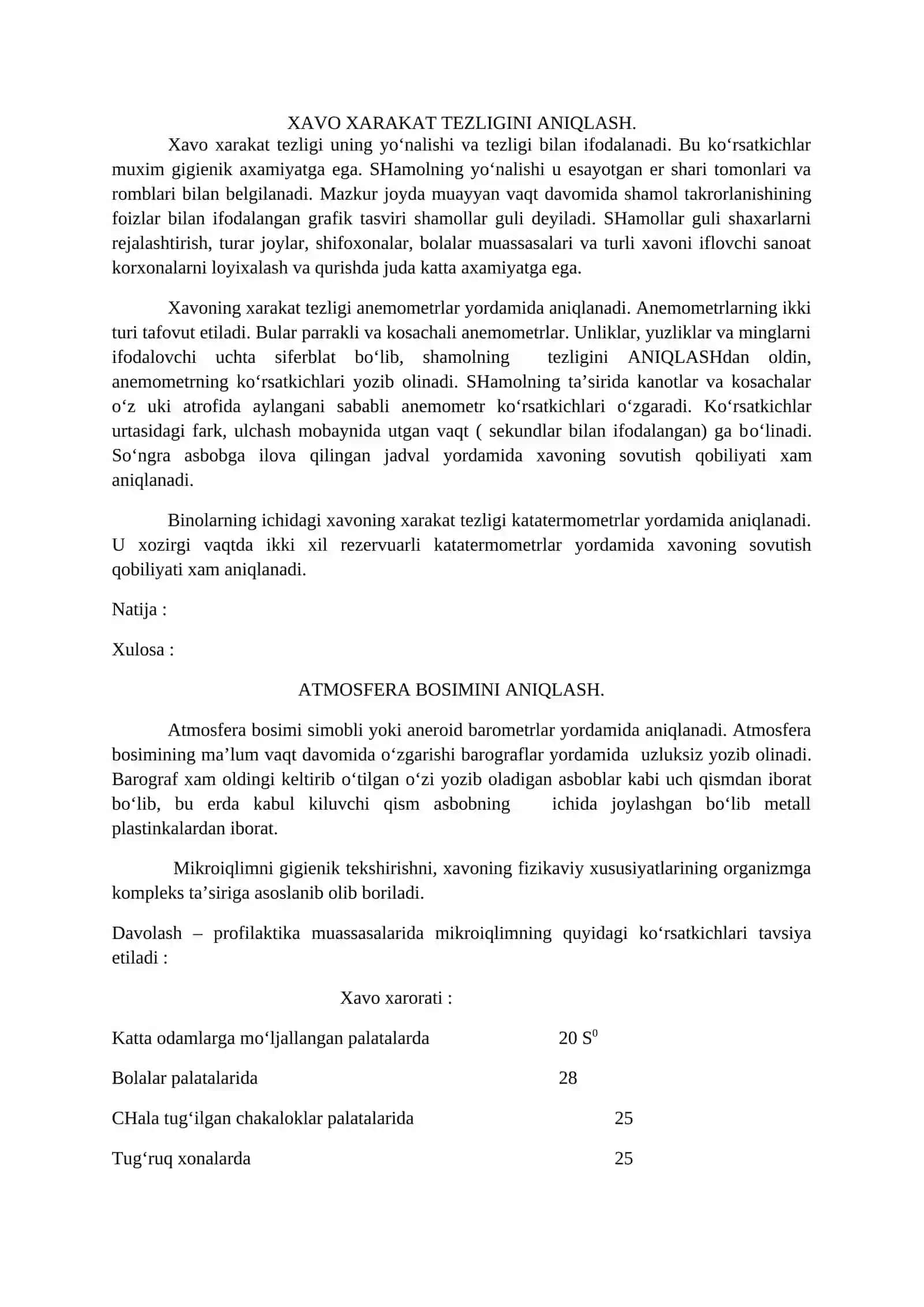 Kasalxona xonalari mikroiqlimining gigienik ahamiyati (harorat, namlik, havo harakat tezligi, bosim) 4
