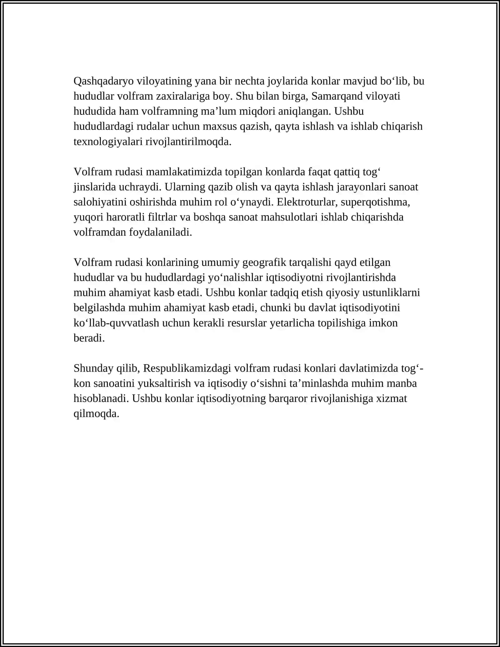 RESPUBLIKAMIZDAGI VOLFRAM RUDA KONLARI TASNIFIVA ULARNI QAYTA ISHLASH USULLARI REFARAT 4