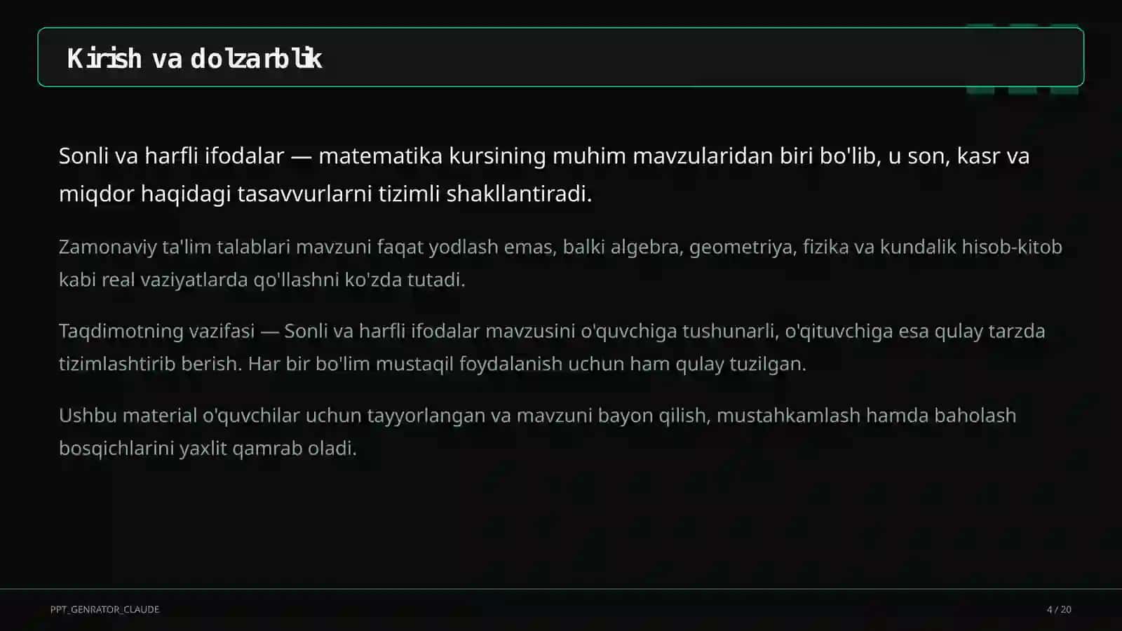 Sonli va harfli ifodalar (5-sinf) 4