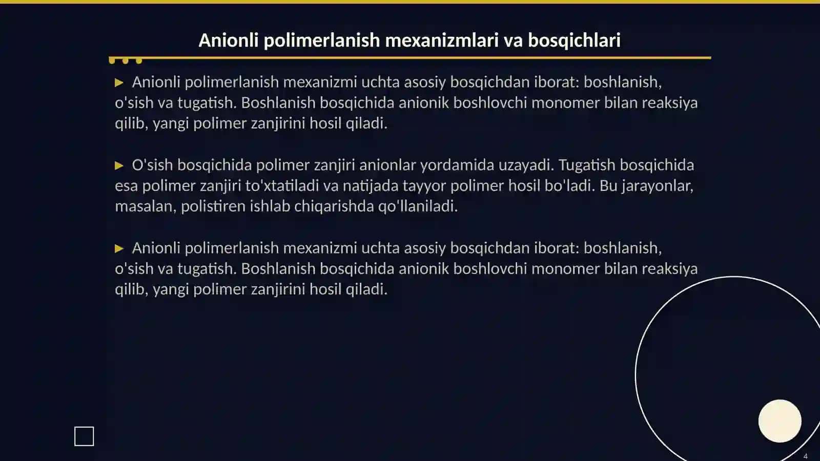 Anionli polimerlanish reaksiyalari va ularning oʻziga xos xususiyatlari 4