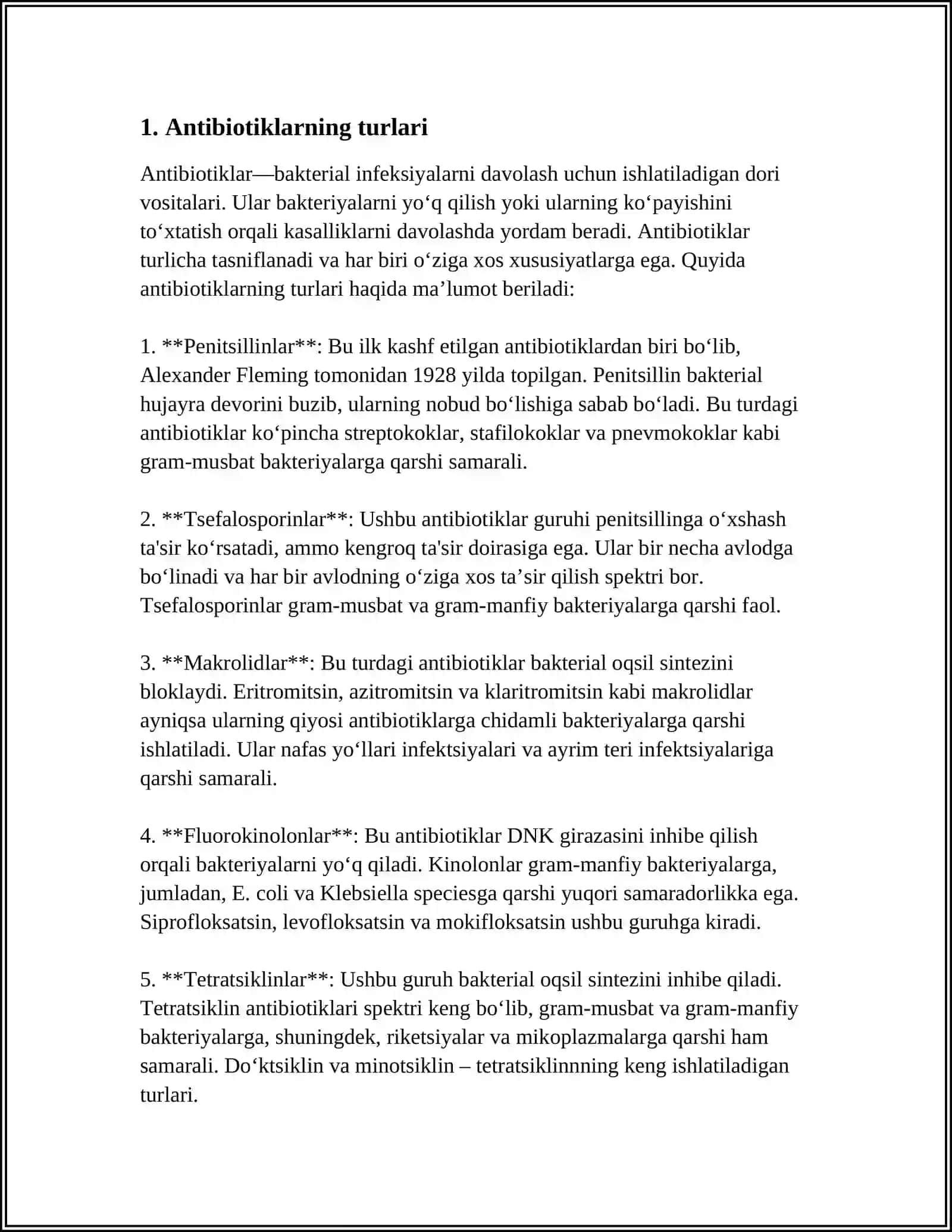 ANTIBIOTIKLAR. SIL, ZAXM, ZAMBURUG'LARGA QARSHI DORI VOSITALARI FARMAKOLOGIYASI 4