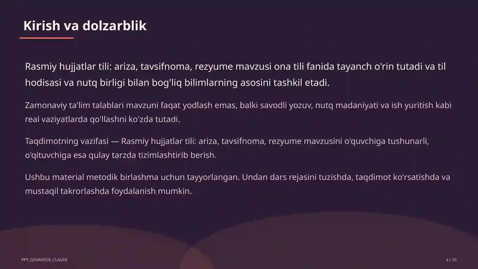 Rasmiy hujjatlar tili: ariza, tavsifnoma, rezyume (11-sinf) 4