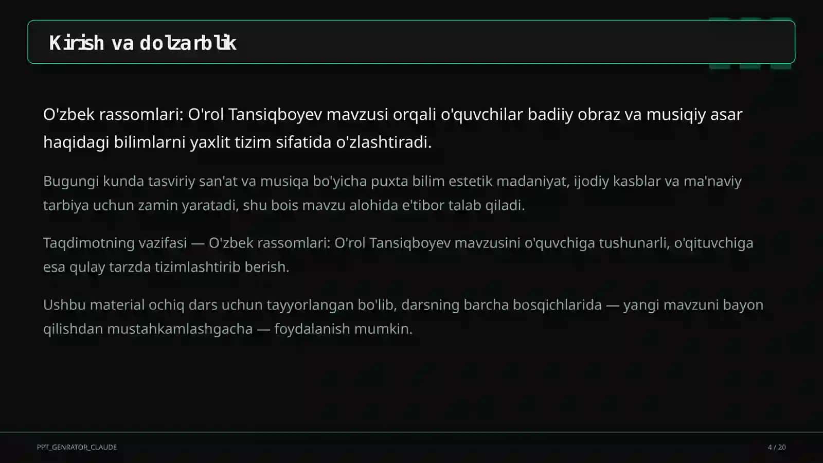 O'zbek rassomlari: O'rol Tansiqboyev (7-sinf) 4