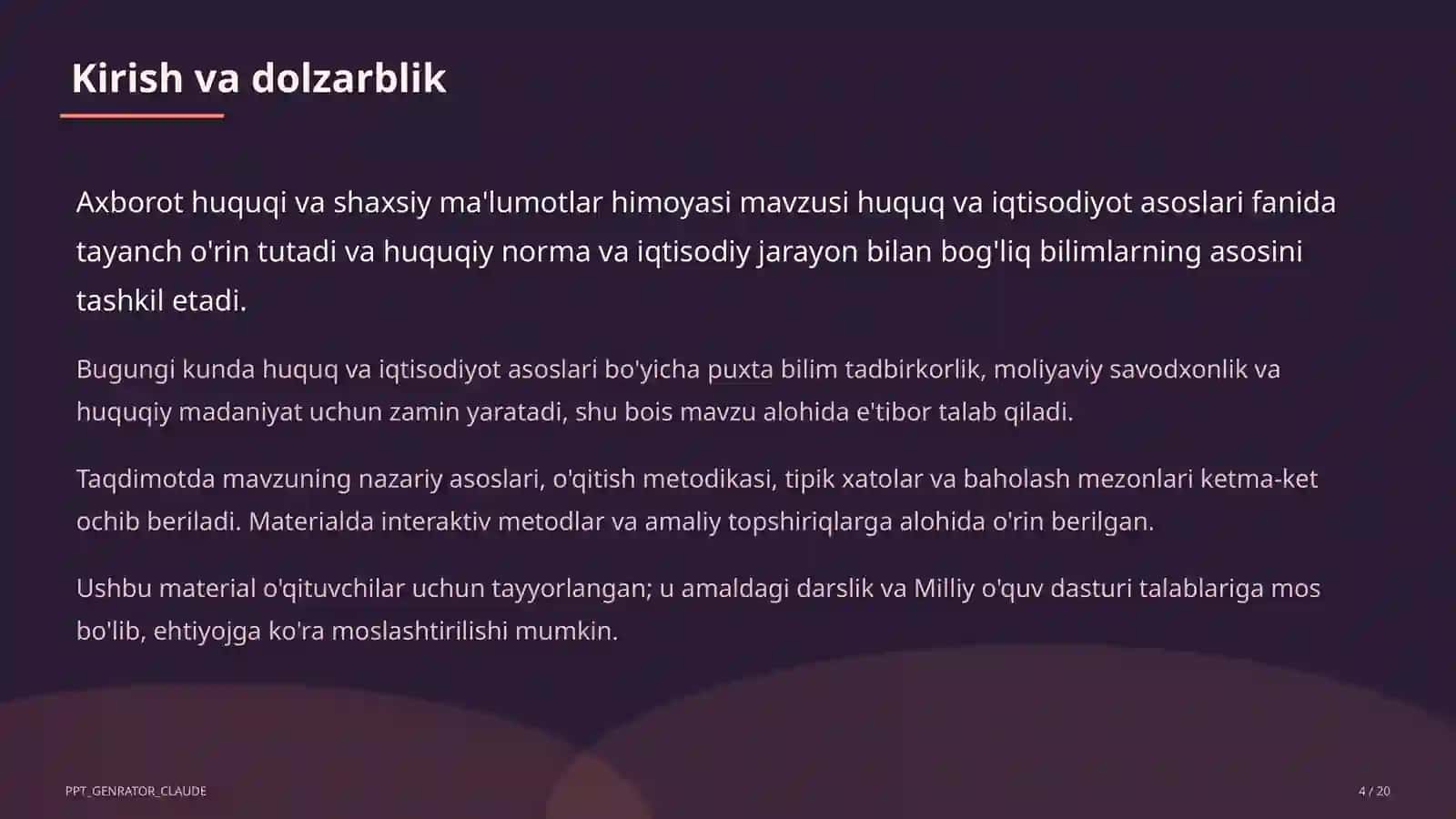 Huquq va iqtisodiyot asoslari (9–11) — o'qituvchilar uchun 4