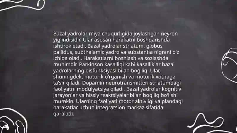 Bosh miya yarim sharlar poʻstlogʻining fiziologiyasi.Bazal yadrolar 4