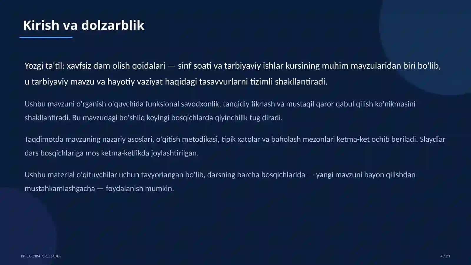 Sinf soati va tarbiyaviy tadbirlar (1–11) — o'qituvchilar uchun 4