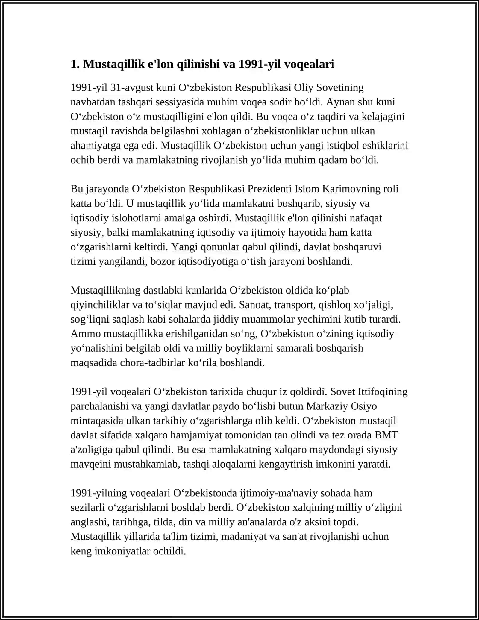 O'ZBEKISTONNING O'ZIGA XOS ISTIQLOL VA TARAQQIYOT YO'LI 4