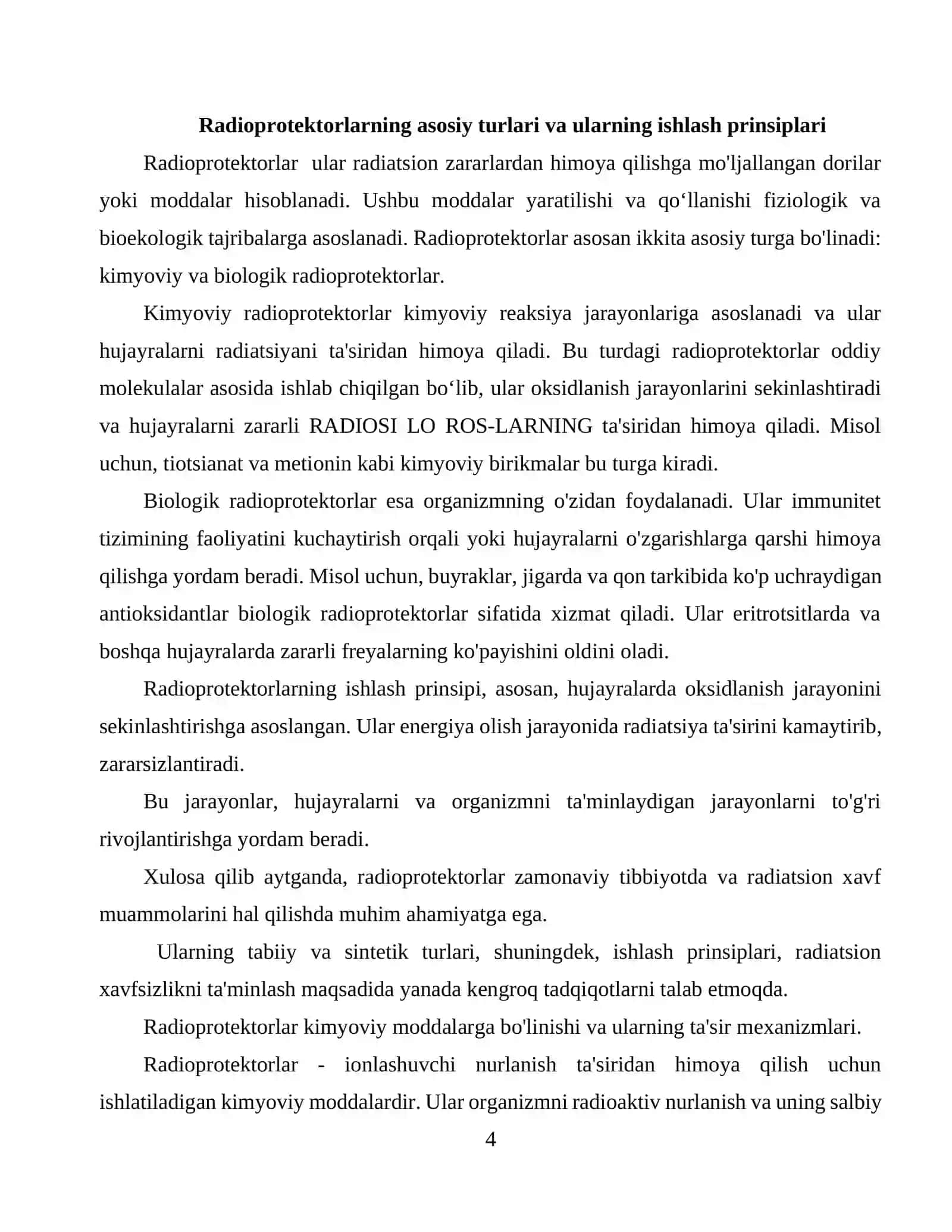 Radioprotektorlar va ularning tavsiflanishi. Radioprotektorlarning qoʻllanilishi 4