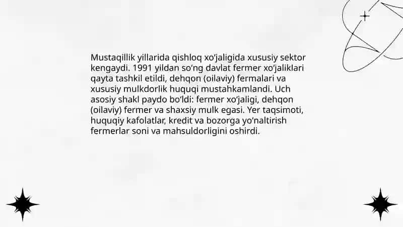 Mustaqillik yillarida qishloq xo'jaligi va sanoat sohasida o'zgarishlar 4