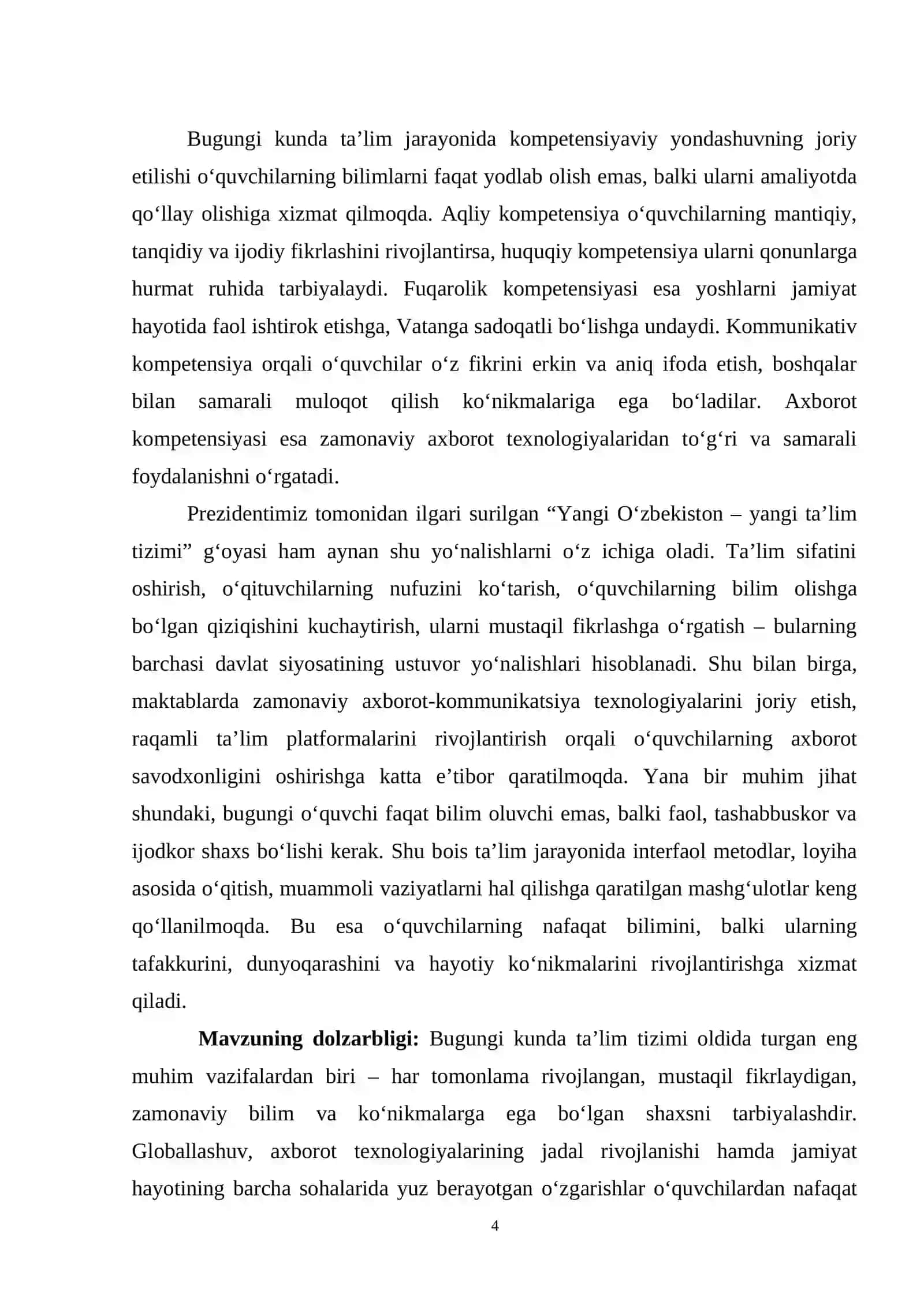 O‘quvchilarning aqliy, huquqiy, fuqarolik, kommunikativ va axborot kompetensiyalarini rivojlantirish 4