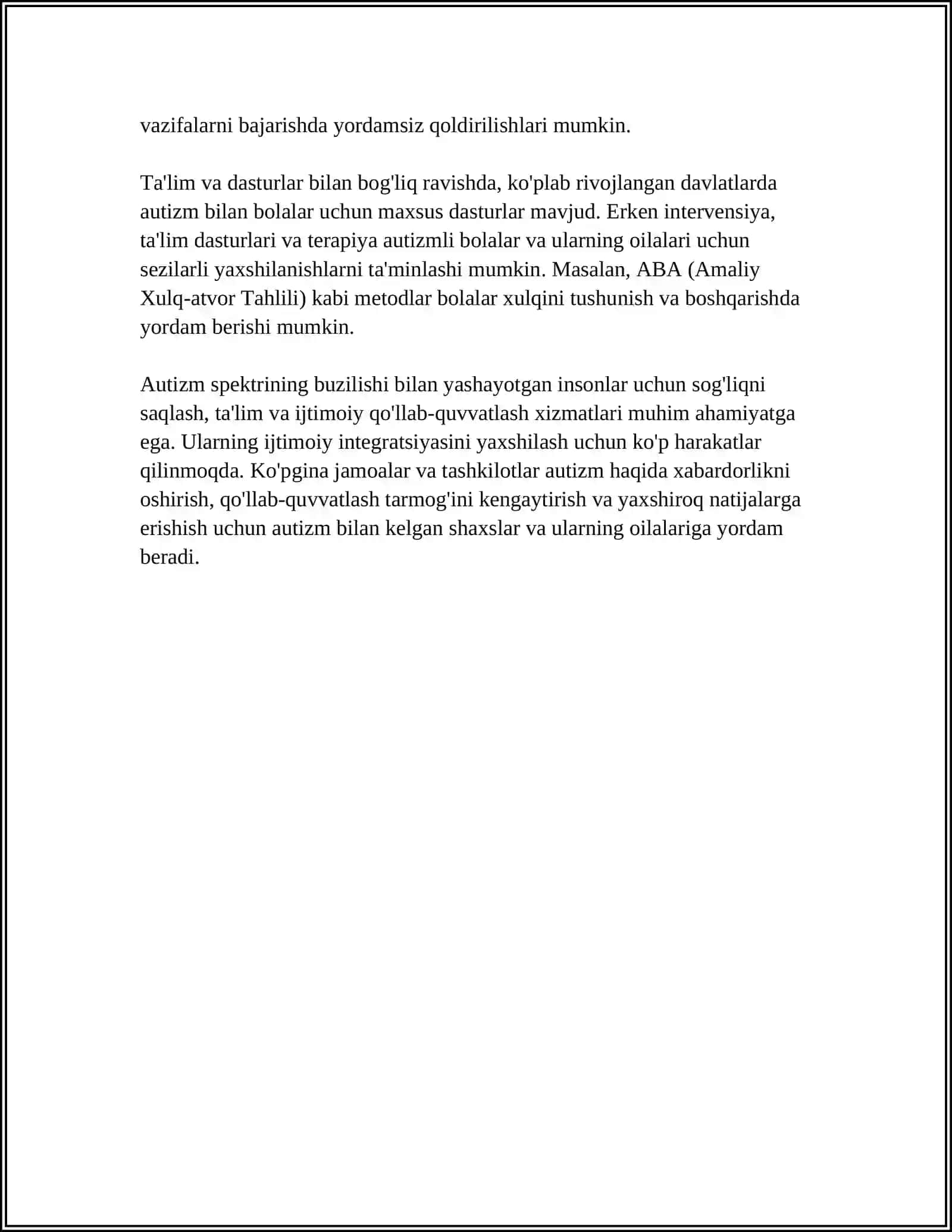 QANDAY RIVOJLANISHNING BUZILISHLARIDA AUTIZMGA XOS BOʻLGAN JIHATLAR SHAKLLANISHI MUMKINLIGINI TAHLIL QILISH 4