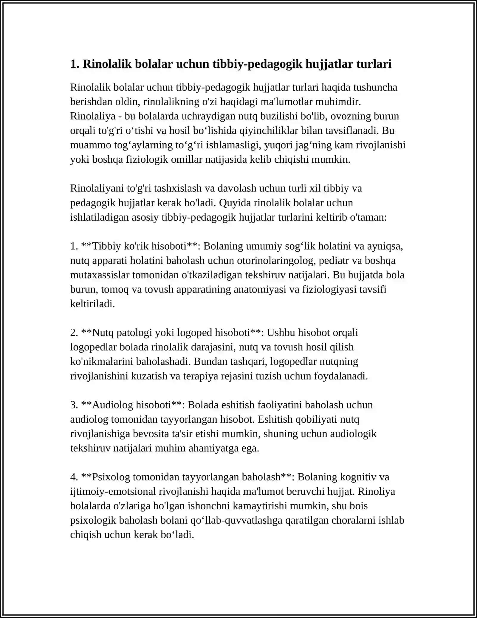 RINOLALIK BOLALARNING TIBBIY PEDAGOGIK HUJJATLARINI O‘RGANISH VA TAHLIL QILISH 4