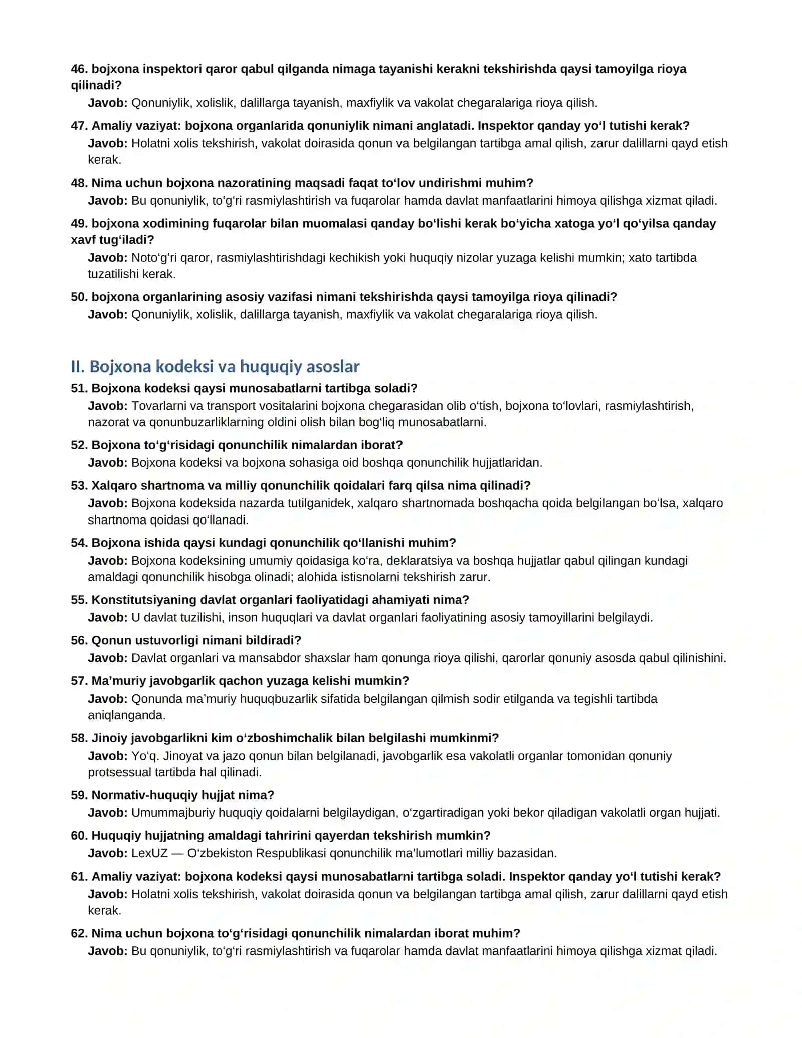 Bojxona inspektori uchun 500 ta namunaviy savol-javob — 2026 4