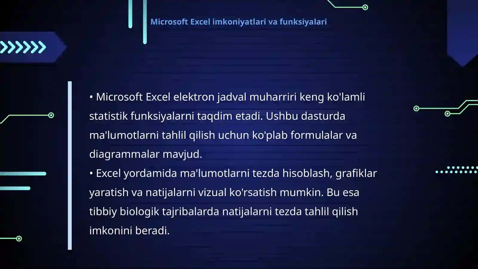 Microsoft Excel elektron jadval muharriri yordamida tibbiy biologik tajriba natijalarini statistik qayta ishlash va baholash. “Elektron sog‘liqni saqlash” kompleks axborot tizimi 4