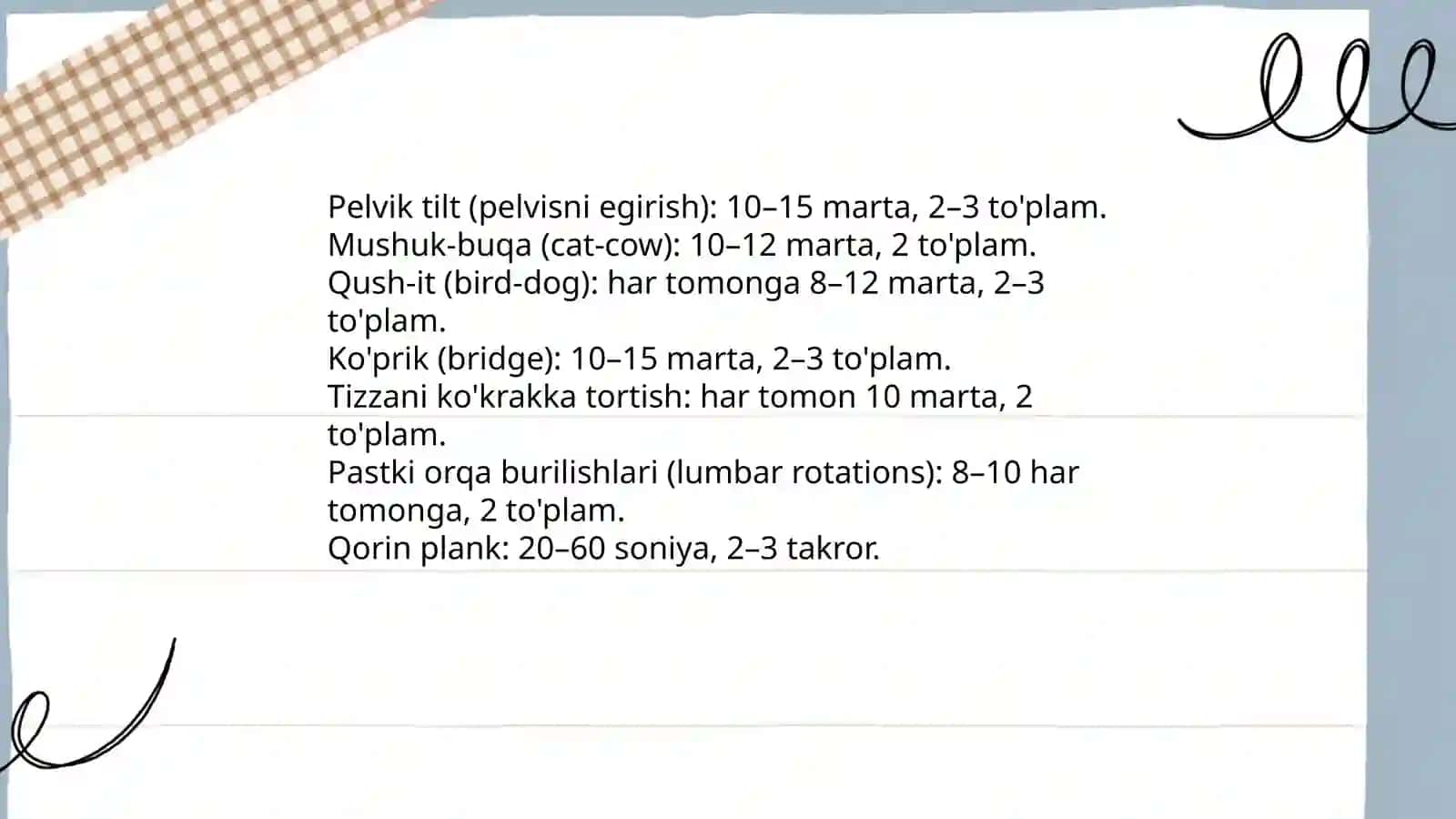 Toʼgʼri qomat va gavda mashqlari majmuasi 4