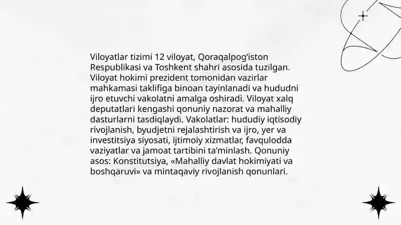 O‘zbekistonning maʼmuriy hududiy tuzilishi va ularning mintaqaviy rivojlanish xususiyatlari 4