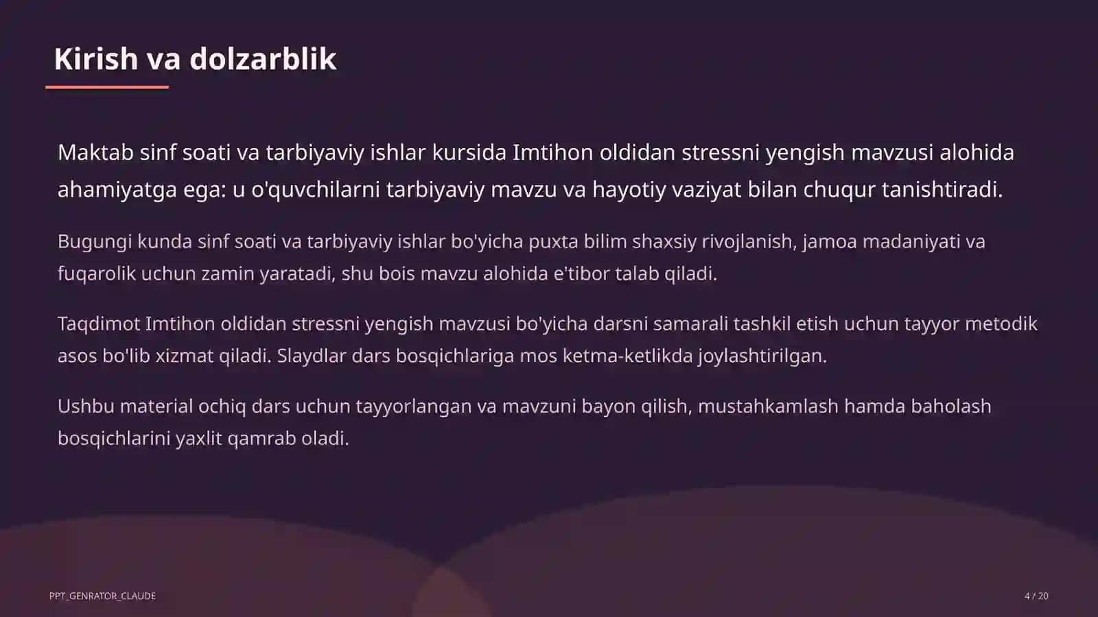 Sinf soati va tarbiyaviy tadbirlar (1–11) — ochiq dars uchun 4