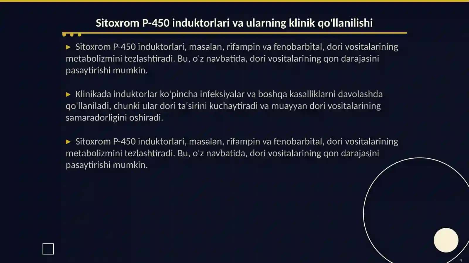 Sitoxrom P-450 induktorlari va ingibitorlarini klinikada qo'llanilishi. Sitoxrom P-450 geni polimorfizi, davolashning personifikatsiya asoslari 4