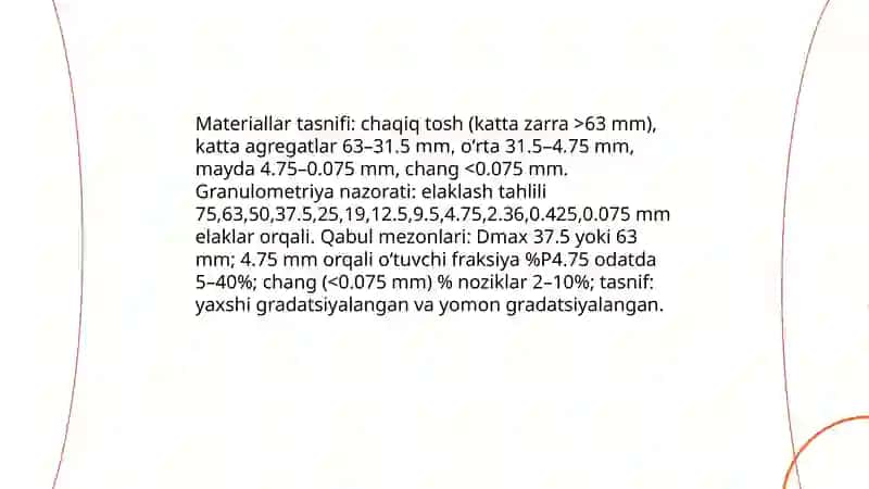 Chaqiq tosh, shag'al, quyundilardan asos va qoplamalar va tosh yotqizilgan yo'l qurishda sifatni boshqarish 4